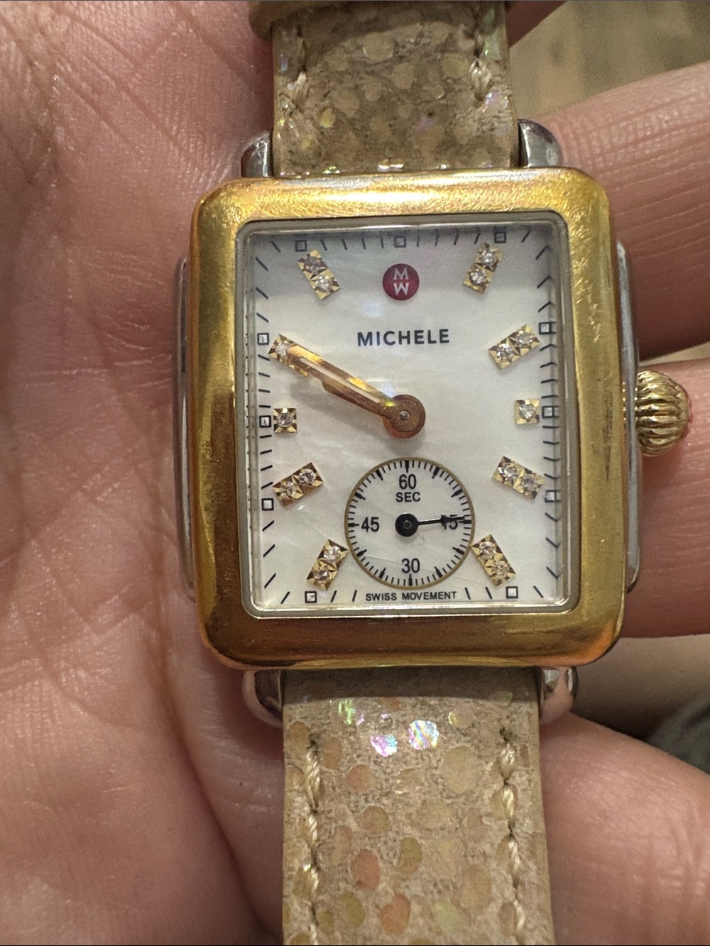 Michele Gold-Tone Case Mother-of-Pearl Dial Watch with Beige Iridescent Strap